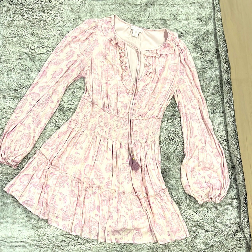 house of harlow 1960 pink and violet paisley dress with gold pinstripe accent